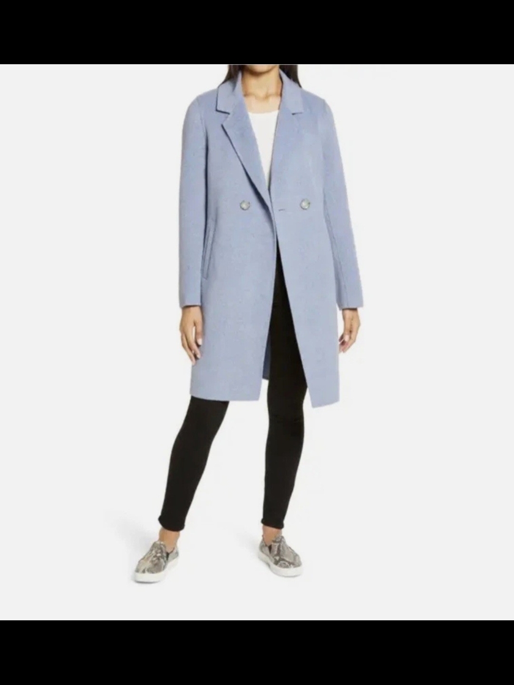 Sam Edelman Double-Breasted Wool Blend Notch Collar Coat in Light Blue